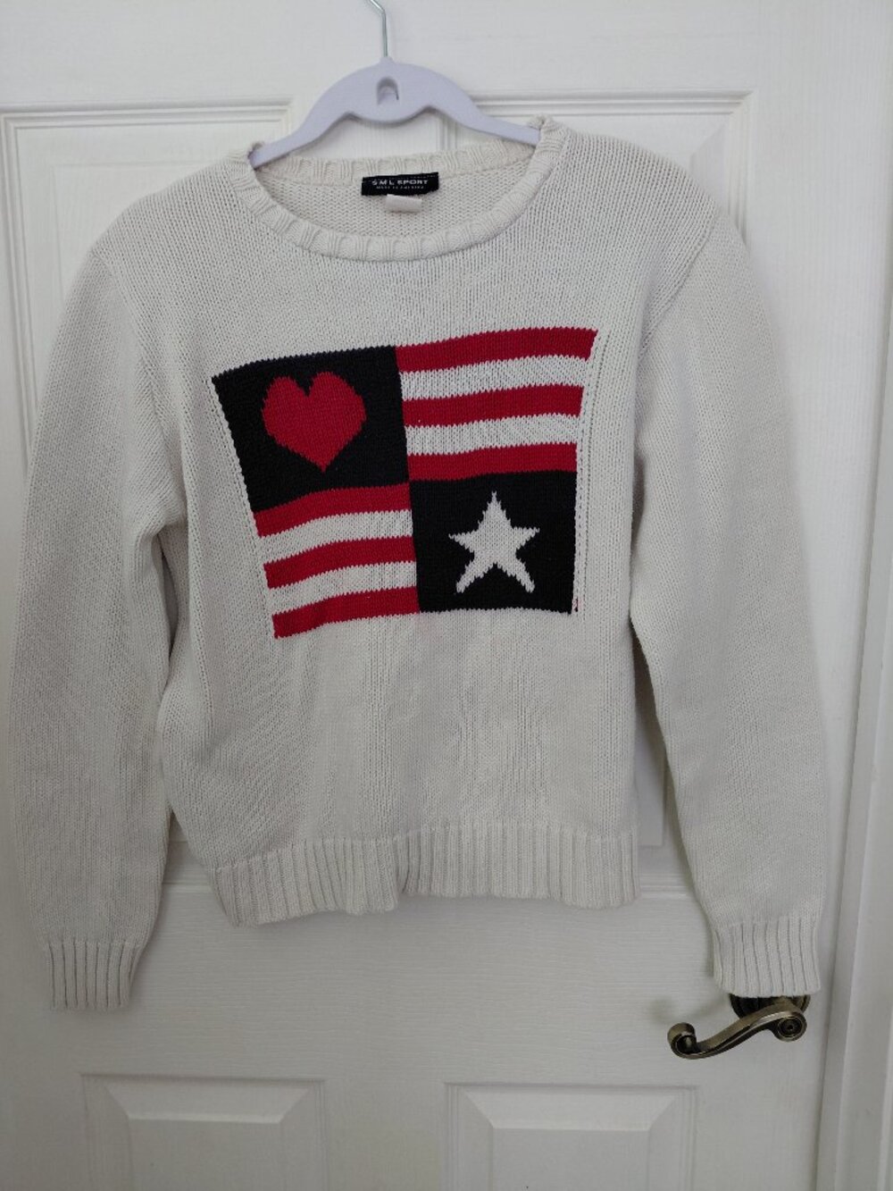 Vintage American Flag Beige Sweater Small Long Sleeve USA Patriotic Americana